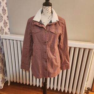 LL Bean Mauve Flannel Lined Utility Jacket/Chore Coat with Fleece Collar, Sz PM